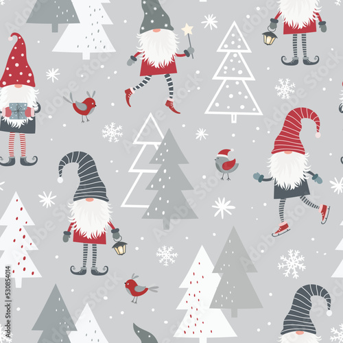 Christmas seamless pattern with scandinavian gnome, christmas tree and snowflakes. Can be used for fabric, wrapping paper, scrapbooking, textile, poster etc.