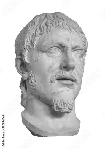 Head of the ancient man with beard sculpture. Antique barbarian face with whiskers statue isolated on white with clipping path
