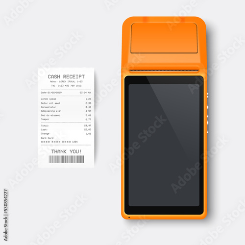 Vector 3d Orange NFC Payment Machine and Paper Check, Receipt Isolated. Wi-fi, Wireless Payment. POS Terminal, Machine Design Template of Bank Payment Contactless Terminal, Mockup. Top VIew