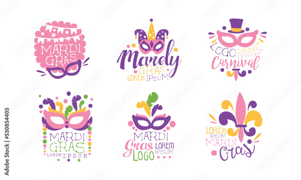 Obraz premium Mardi Gras Carnival and Festive Typography Label with Mask and Feather Vector Set