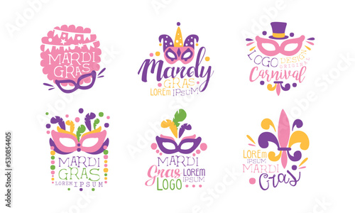 Mardi Gras Carnival and Festive Typography Label with Mask and Feather Vector Set © topvectors