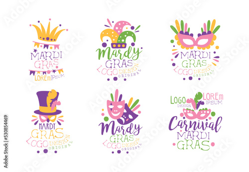 Mardi Gras Carnival and Festive Typography Label with Mask and Feather Vector Set
