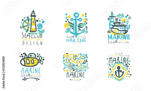 Sea and Marine Club Label Design with Lighthouse, Sailing Yacht and Anchor Vector Set