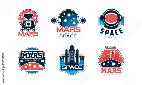 Mars and Space Expedition Project Label with Shuttle and Planet Vector Set