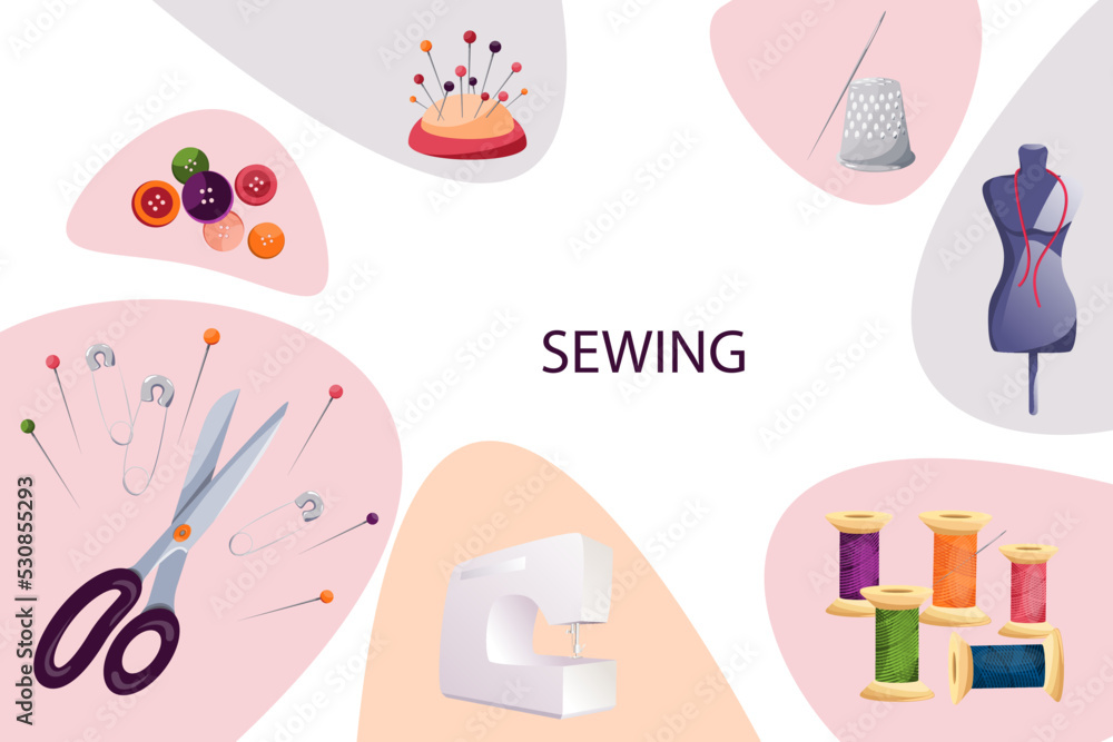 Design of a banner or a web page of a tailoring studio, a fashion designer's studio, a tailor.A set of tools for sewing and repairing clothes.Sewing equipment.