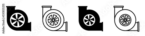 Turbocharger. Turbocharging. A set of turbines. Flat black icons. Vector clipart isolated on white background.