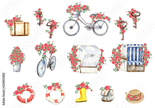 Beach clipart with, lifebuoys, rain boots, white wooden, beach chairs, blue sky, bycicle, red roses. Stock illustration. Isolated element on a white background. Hand painted in watercolor.