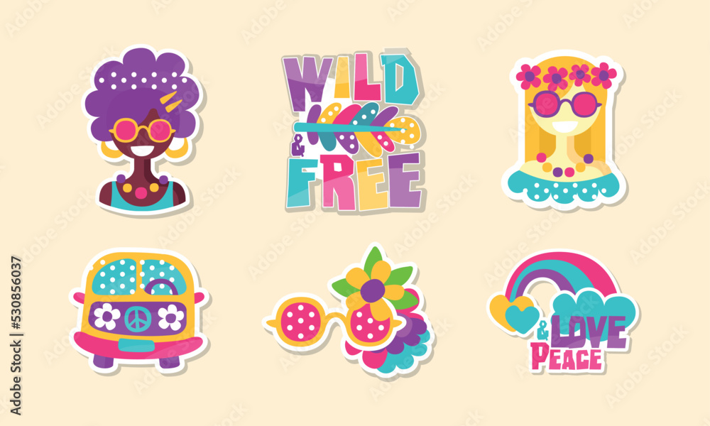 Hippie Retro Vintage Stickers with Van, Rainbow and Woman in Sunglasses Vector Set