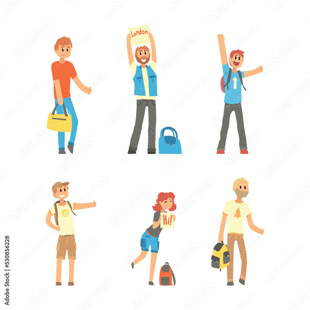 People Travelling by Hitchhiking or Autostop Thumbing Standing on the Road Vector Set