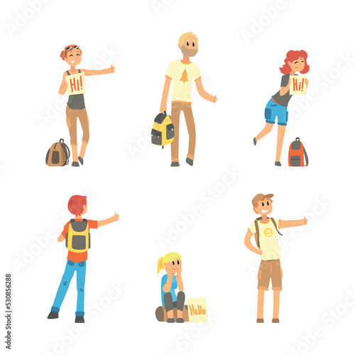 People Travelling by Hitchhiking or Autostop Thumbing Standing on the Road Vector Set