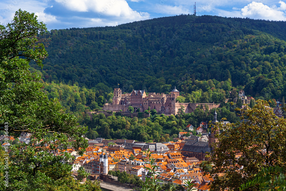 Aerial view of Heidelberg old Town, Palace and Neckar river Germany