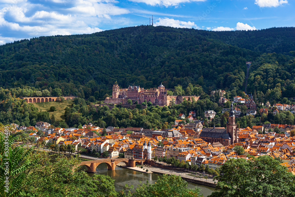 Aerial view of Heidelberg old Town, Palace, Bridges and Neckar river Germany