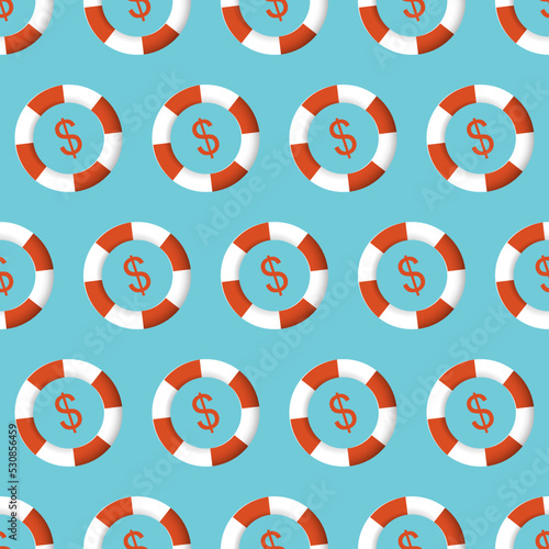 Bailout. Red and white lifebuoy ring with a dollar sign on a blue background. Vector economy business seamless pattern. Financial support and rescue help