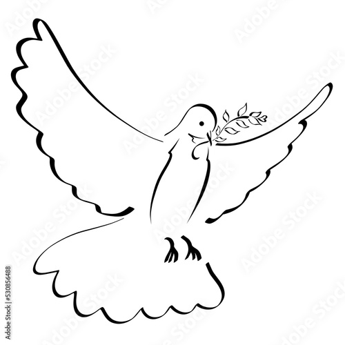 flying dove with spread wings with a twig in its beak, foliage and heart, black outline on a white background