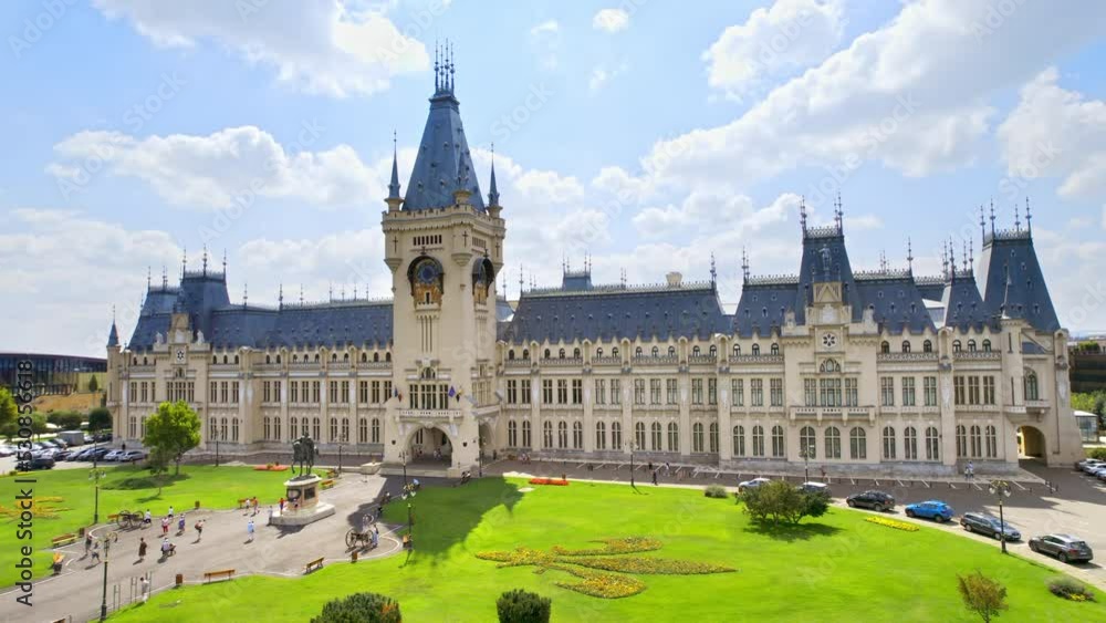 Aerial drone view of the Palace of Culture in Iasi downtown, Romania. Square with Stephen the Great statue, people and greenery in front of it, multiple buildings around Aerial drone view of the Palace of Culture in Iasi downtown, Romania. Square with Stephen the Great statue, people and greenery in front of it, multiple buildings around