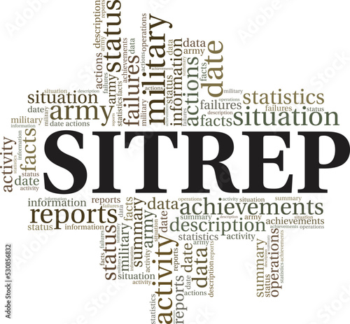 Sitrep - Military Situation Report word cloud conceptual design isolated on white background.