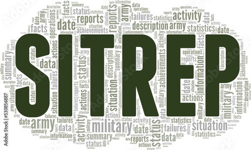 Sitrep - Military Situation Report word cloud conceptual design isolated on white background.