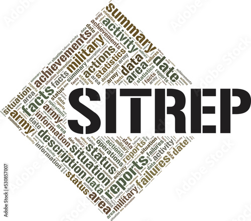 Sitrep - Military Situation Report word cloud conceptual design isolated on white background.