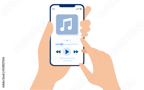 Hand holding phone and playing music player media player app music player user interface.