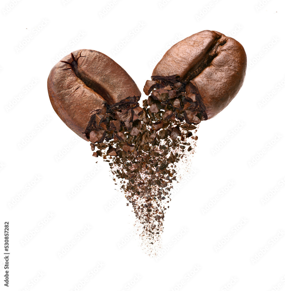 Mixed ground arabica and robusta coffee beans falling isolated on white background. - obrazy, fototapety, plakaty 