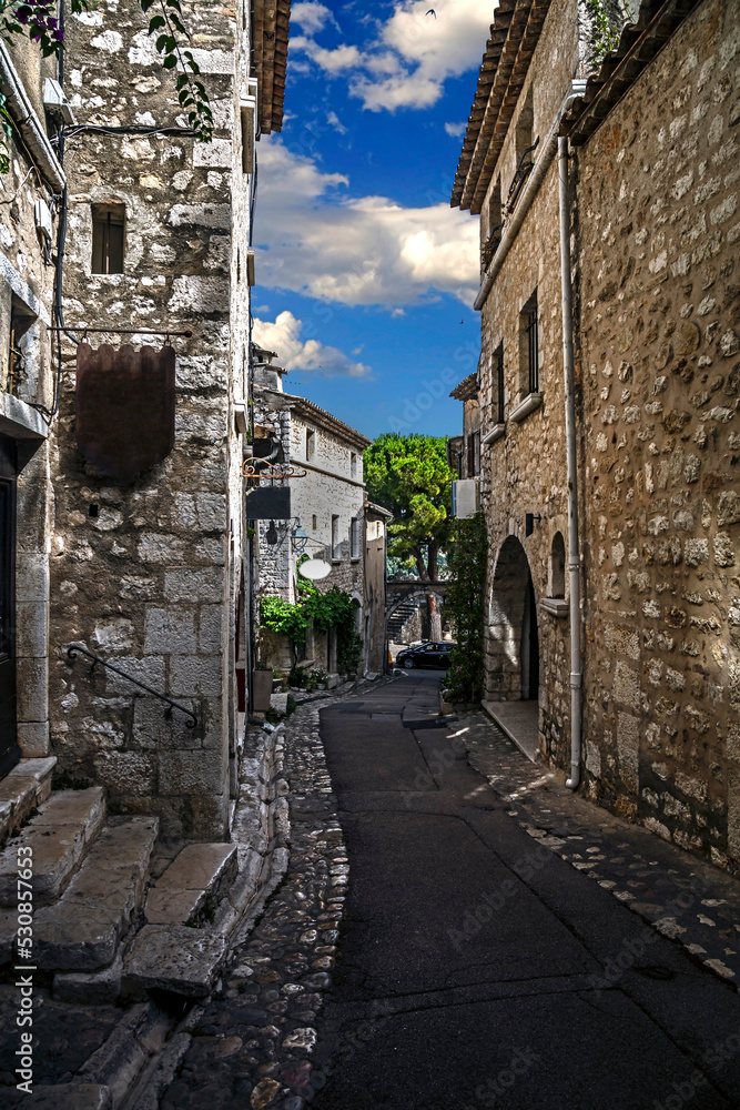 View to the old streets and houses. Old village Saint Paul de Vince, southern France