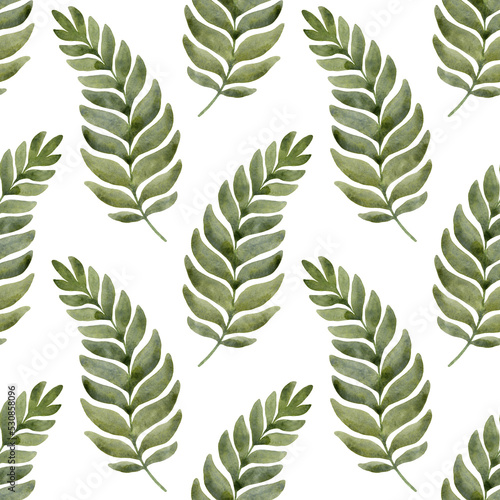 Watercolor seamless pattern of green leaves. Hand-drawn foliage. Stylish wallpaper and fabric print. Natural wrapping paper design