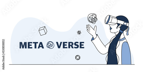 A teenage girl in virtual reality glasses . The metaverse concept. Technologies of games in virtual reality. Vector illustration