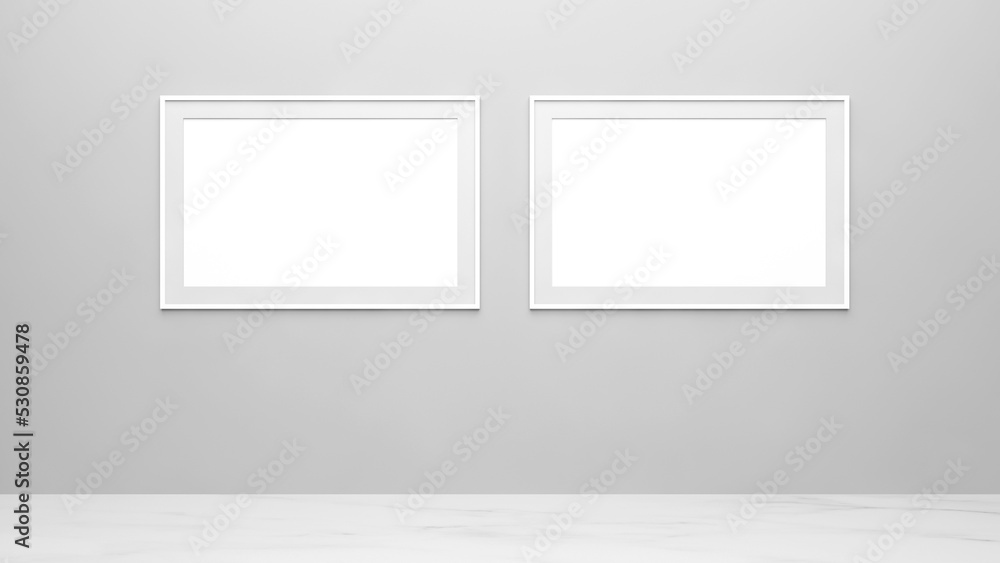 Empty frames on the wall. White picture frames mockup on the wall. A horizontal white canvas for
