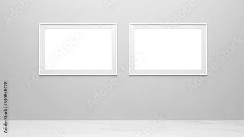 Empty frames on the wall. White picture frames mockup on the wall. A horizontal white canvas for painting mockups. Two empty white mockup frames hanging on a white wall. 3d illustration.
