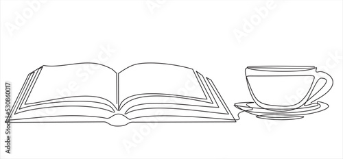 Continuous line drawing of book and coffee or tea, vector illustration, one line