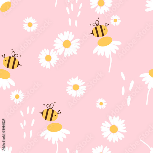 Seamless pattern with daisy flower and bee cartoons on pink background vector.