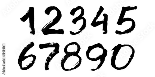 Handmade ink brush numbers 1,2,3,4,5,6,7,8,9,0. Calligraphy numerals and sign set. Calligraphic vector illustration