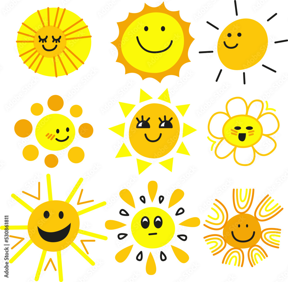 Sun emoticons. Funny summer sun, sunshine, baby, happy morning emoji. Children's illustration. Cartoon sunny smiling faces vector icons Sun emoticons. Funny summer sun, sunshine, baby, happy morning emoji. Children's illustration. Cartoon sunny smiling faces vector icons