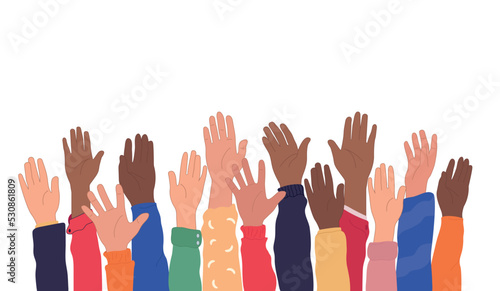 Allyship. Raised arms of a group.Volunteers. Racial equality. Teamwork and cooperation community concept. Trust. Anti-racism. Banner.Vector illustration in cute cartoon flat style