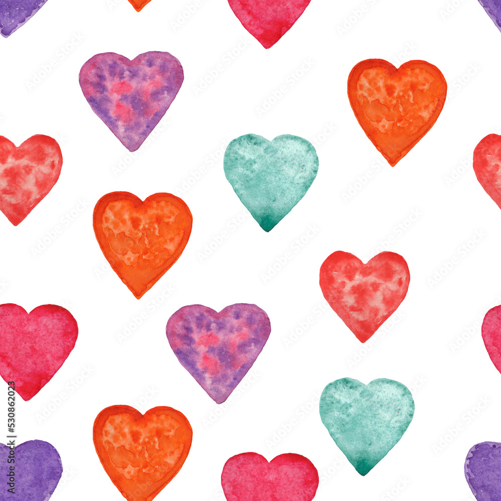 Hand drawn watercolor Valentines seamless pattern with colored hearts.Valentines day ,wedding, birthday patterns.