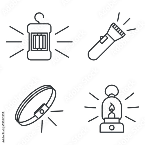 A set of four icons with different artificial light fixtures. A simple line drawing of a hanging, head and hand torch, as well as a kerosene lamp. Vector over white background.