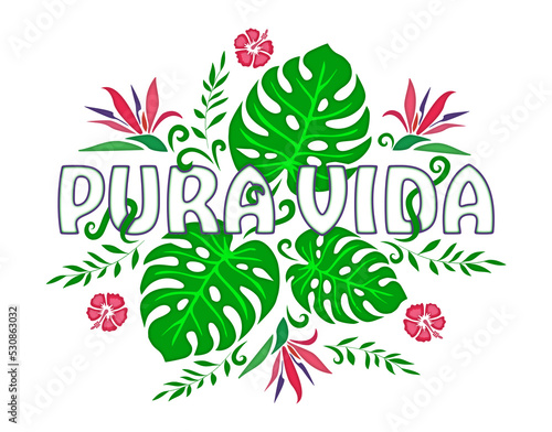 Pura Vida, Way of life, Costa Rica, text, quote, flowers, tropical plants, monstera, isolated