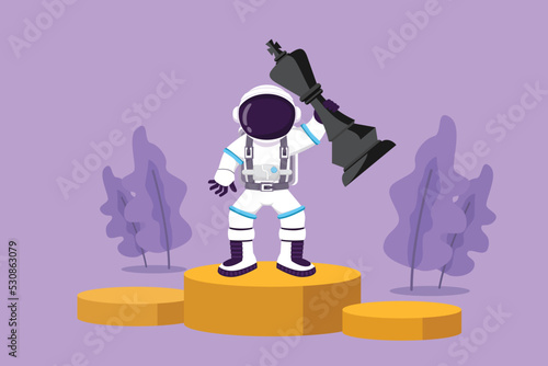 Cartoon flat style drawing young astronaut holding and lifting king chess piece at first champions stage in moon surface. Winning game. Cosmic galaxy space concept. Graphic design vector illustration