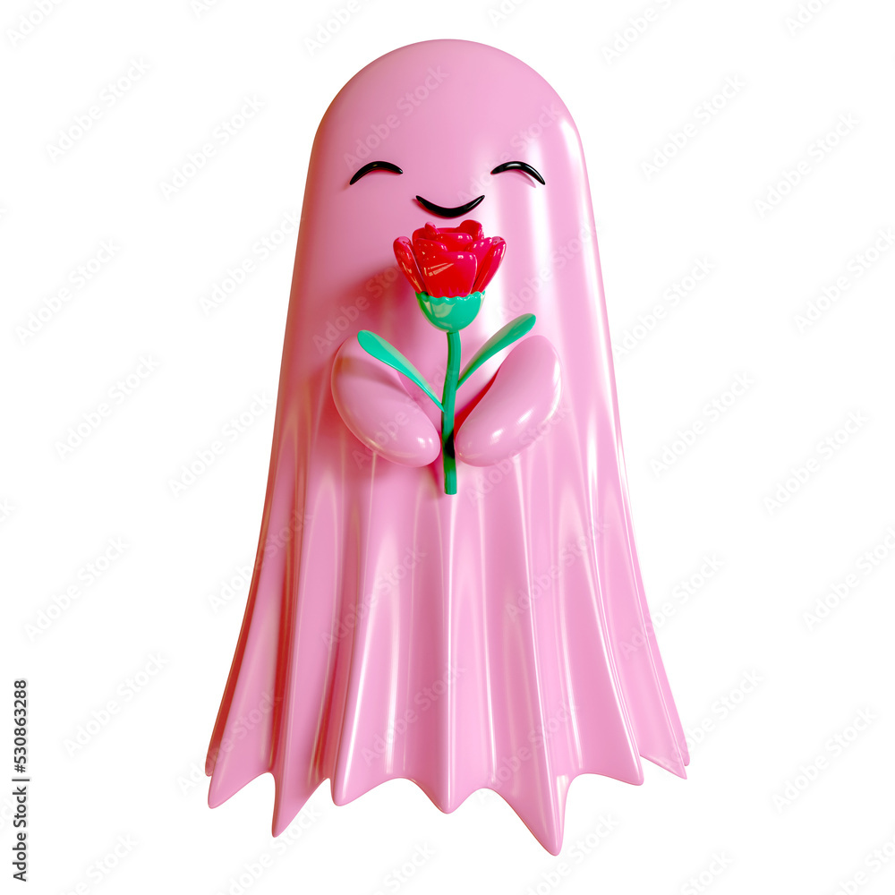 Cute pink ghost cartoon character with smile face and holding flower. 3d rendering Cute pink ghost cartoon character with smile face and holding flower. 3d rendering
