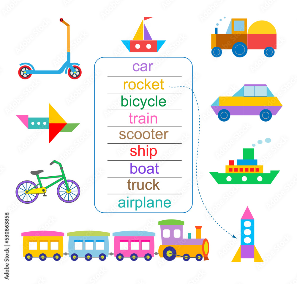 Activity for presсhool years children. Transportation and Vehicles Vocabulary. Vector illustration. Flat design Activity for presсhool years children. Transportation and Vehicles Vocabulary. Vector illustration. Flat design