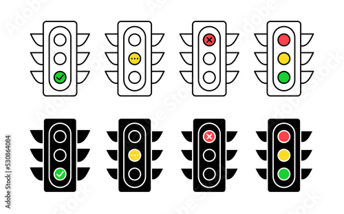 Vector traffic light icons. Editable stroke. Set line and silhouette red yellow green sign. Permissive deny waiting signal. Regulatory stoplight safety street. Simple traffic road sign