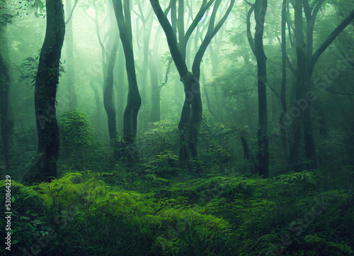 lush green forest with fog