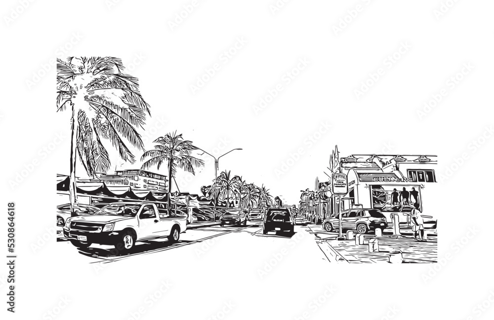 Building view with landmark of Oranjestad is the
capital of Aruba. Hand drawn sketch illustration in vector.