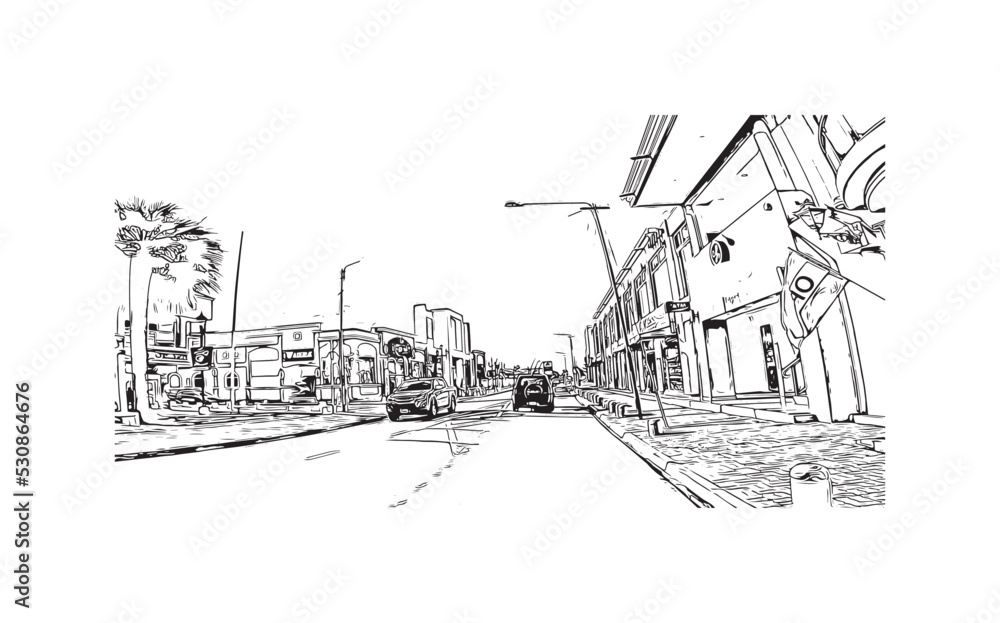 Building view with landmark of Oranjestad is the 
capital of Aruba. Hand drawn sketch illustration in vector.