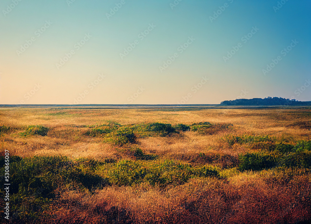 grassland horizon with mountains in the distance