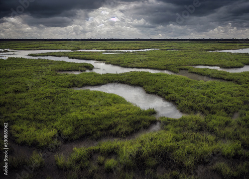 swamp horizon with plants and atmospheric clouds