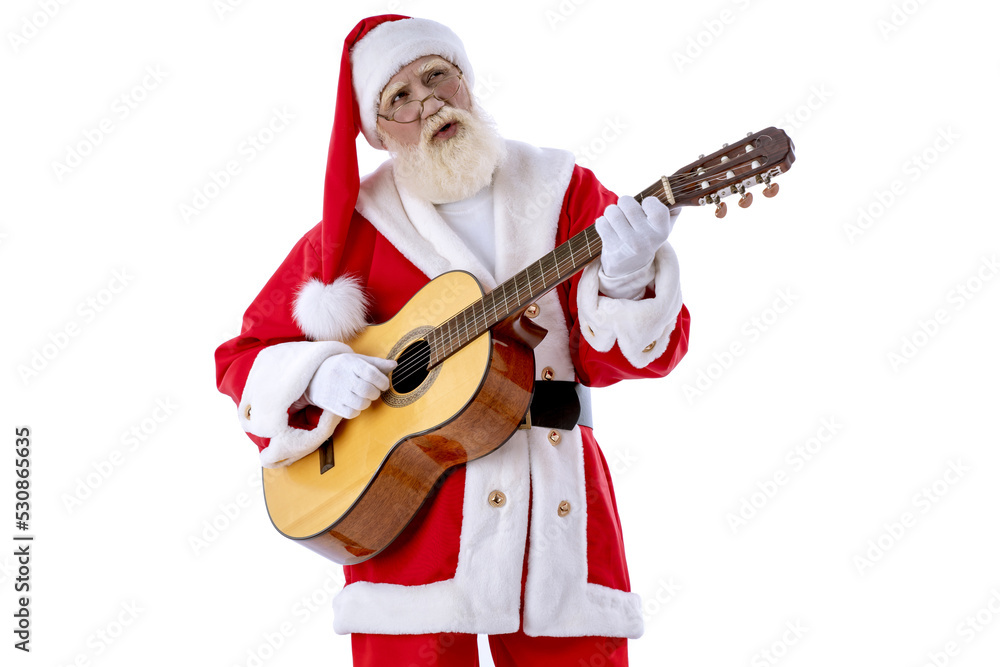 Santa Claus playing guitar and singing on white background isolated Santa Claus playing guitar and singing on white background isolated
