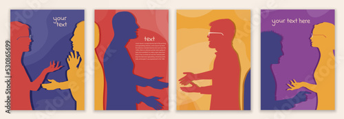 Community collaborators or colleagues. Group diversity silhouette people from the side. Concept of bargain agreement or pact. Collaborate.Co-workers. Banner - poster - template - web page