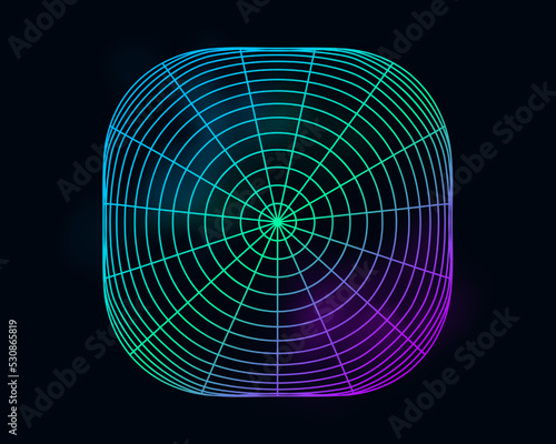 Color cyber distorted grid, retro punk design element. Wireframe wave geometry grid on black background. Vector illustration
