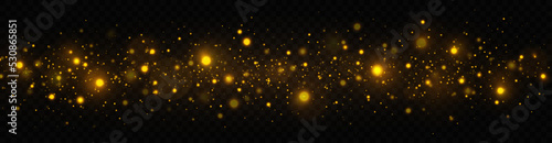 Golden shimmering background with light effect. The dust sparks and golden stars shine with special light on a transparent background. Christmas concept.